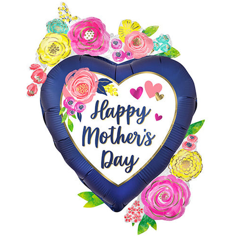 Mother's Day Blue & Floral Heart - Supershape Foil Balloon (34")
