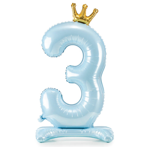 Sky Blue Crown Number 3 Standing Foil Balloon (33”)