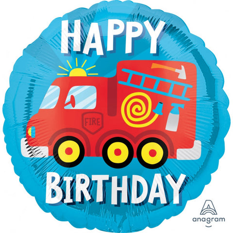 Happy Birthday Firetruck Round Foil Balloon (18")