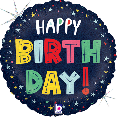 Happy Birthday Colourful Stars Holographic Round Foil (18")