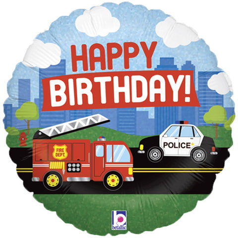Birthday Emergency Vehicles Round Foil (18")